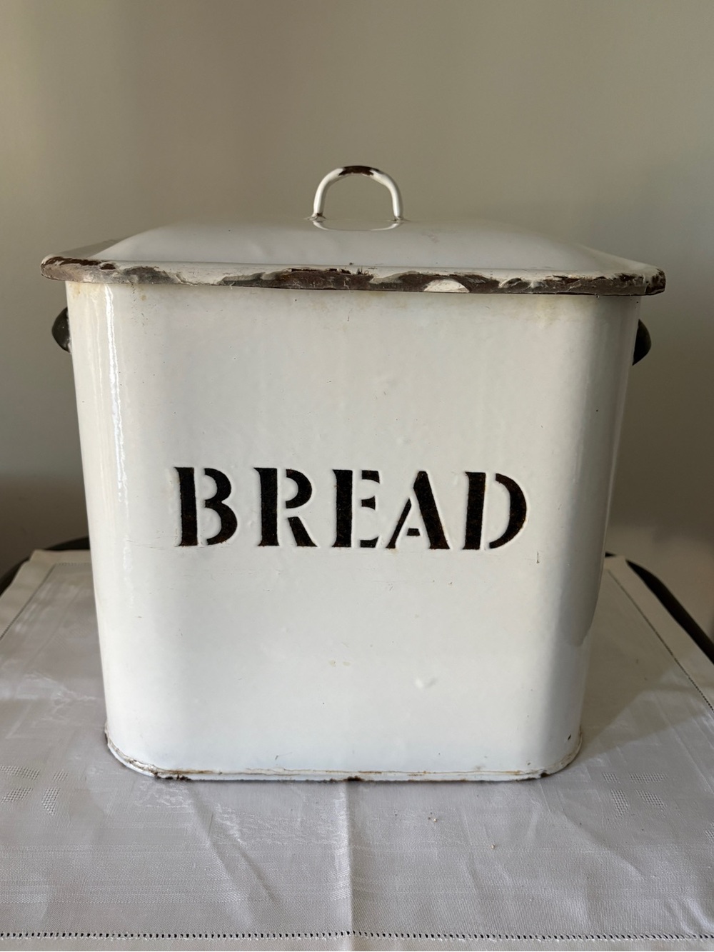 Vintage English Enamel Metal Bread Box Bin White w Black Authentic circa 1950s
